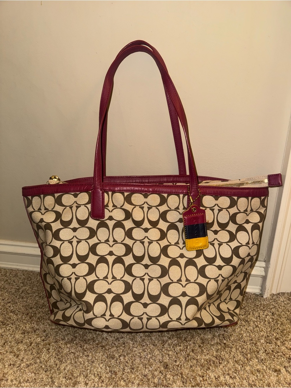 Coach Signature Pattern Top-Zip Tote with Magenta Trim